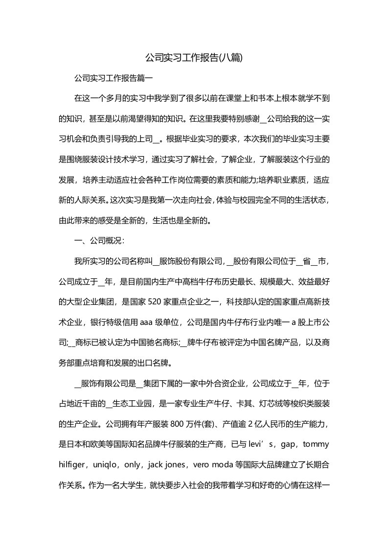 公司实习工作报告八篇