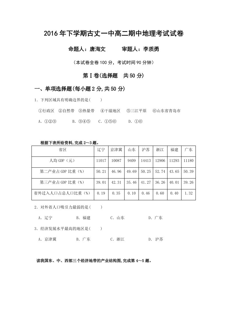 高二上期地理期中考试卷