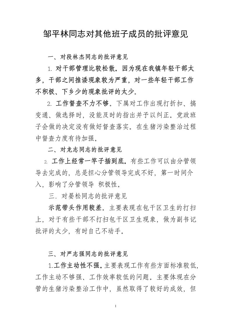 邹平林同志对其他班子成员的批评意见