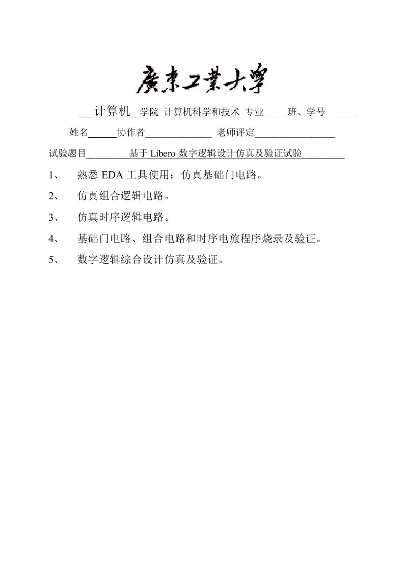 基于Libero的数字逻辑设计仿真及验证实验报告样本