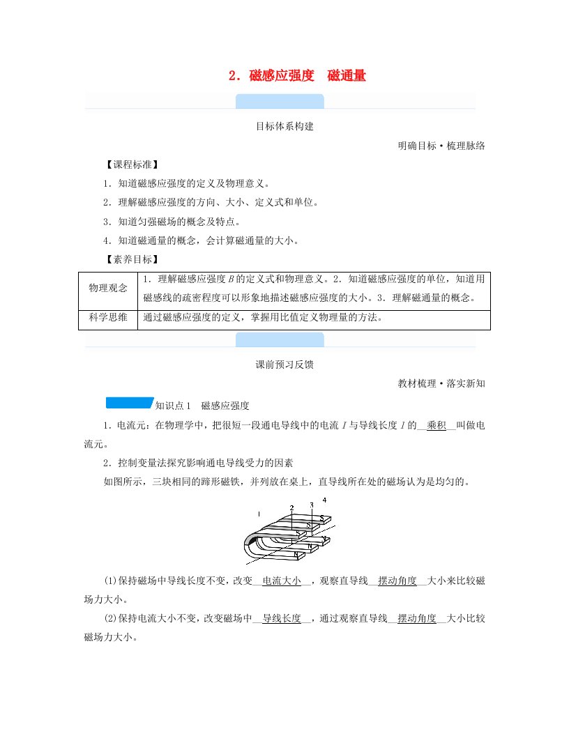 新教材2023年高中物理第13章电磁感应与电磁波初步2.磁感应强度磁通量学案新人教版必修第三册