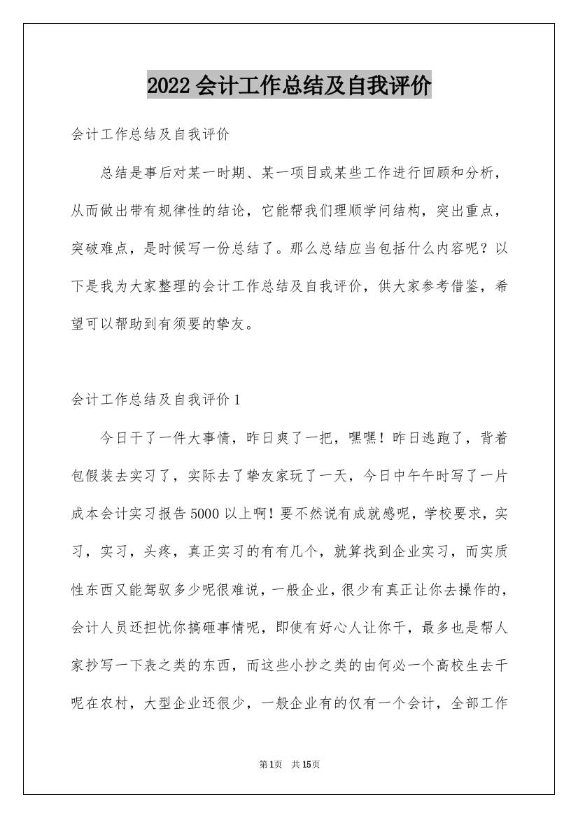 2022会计工作总结及自我评价