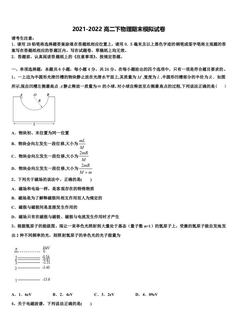 四川省乐山市乐山外国语学校2022年物理高二第二学期期末统考模拟试题含解析