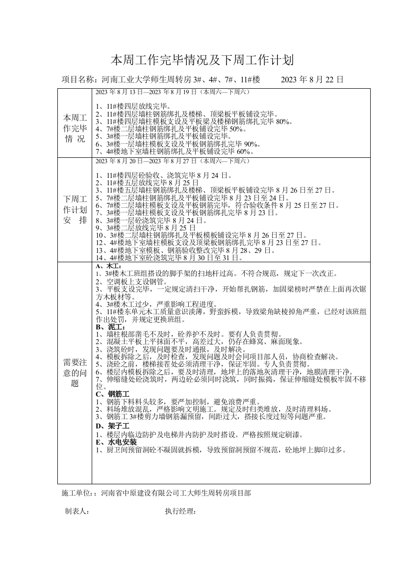 项目部周工作计划