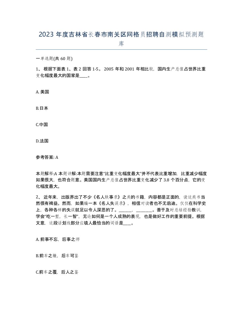 2023年度吉林省长春市南关区网格员招聘自测模拟预测题库