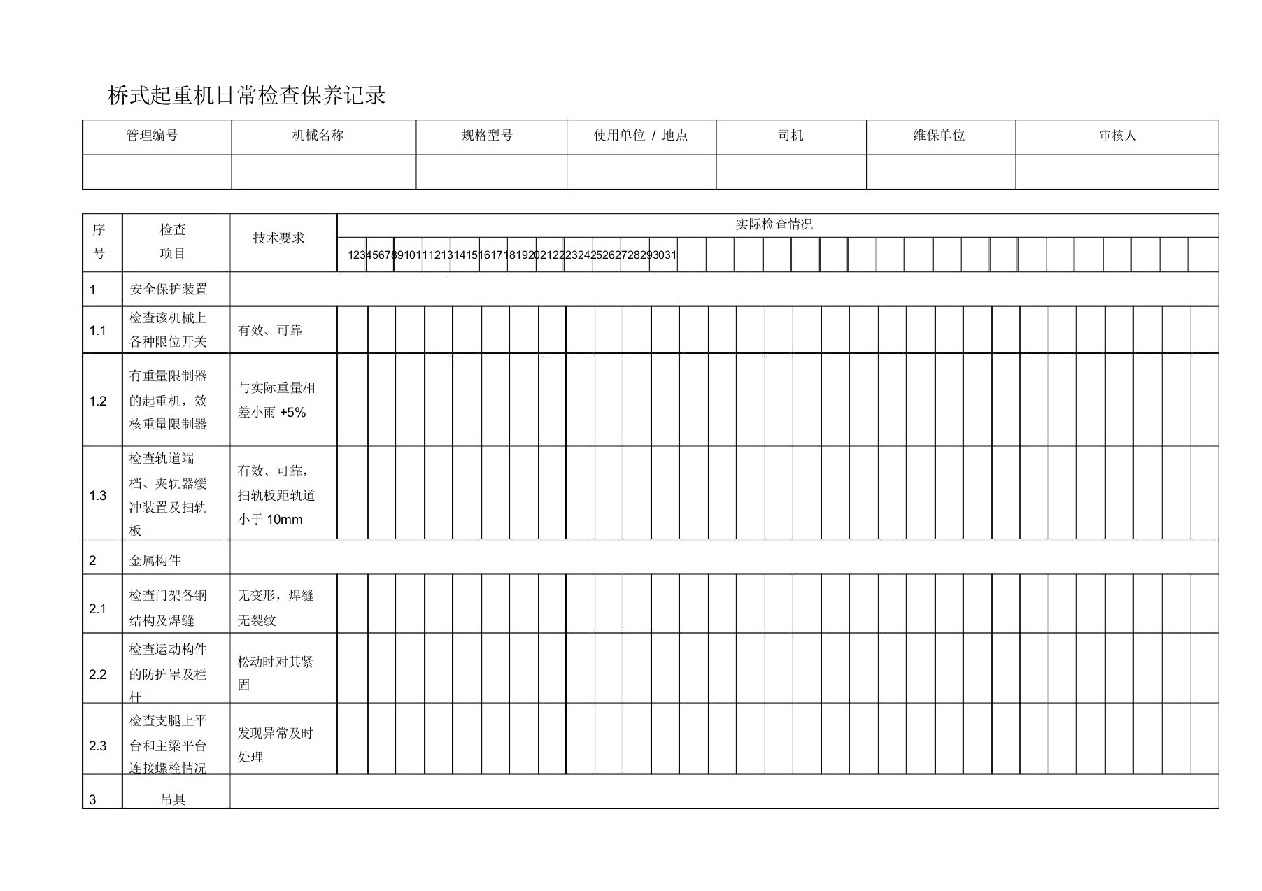 桥式起重机日常检查保养记录表