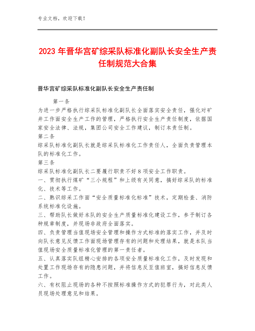 2023年晋华宫矿综采队标准化副队长安全生产责任制规范大合集