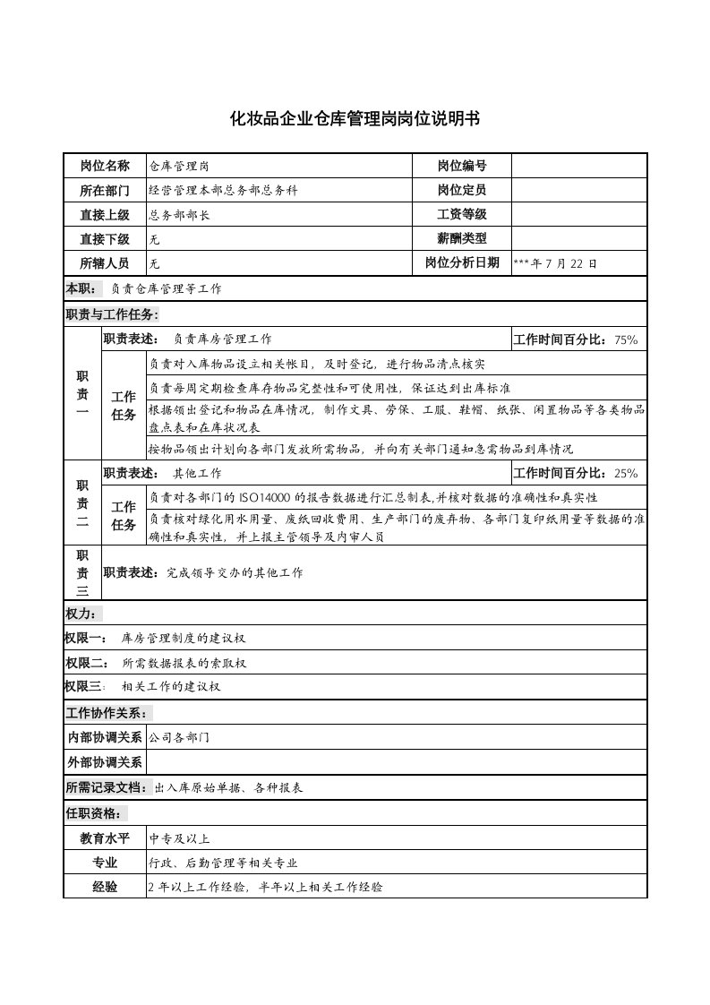 化妆品企业仓库管理岗岗位说明书