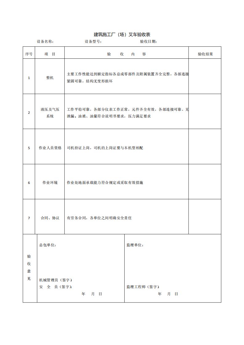 叉车验收记录表