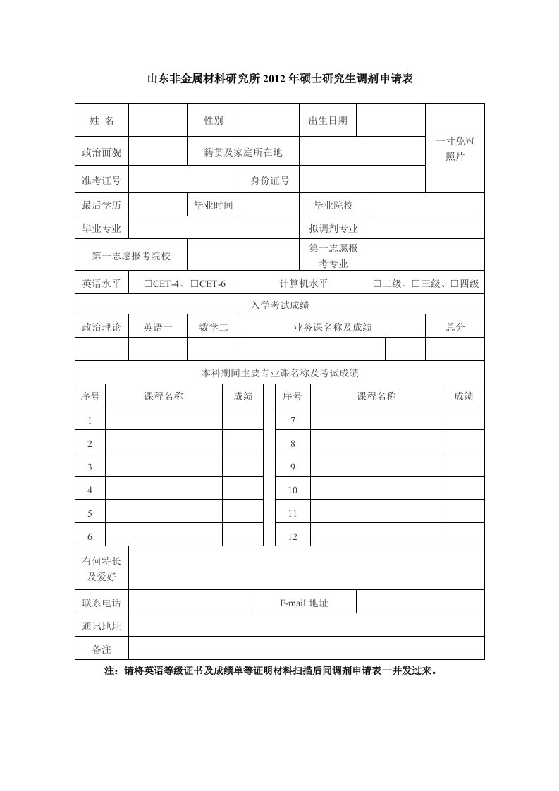 山东非金属材料研究所2012年硕士研究生调剂申请表