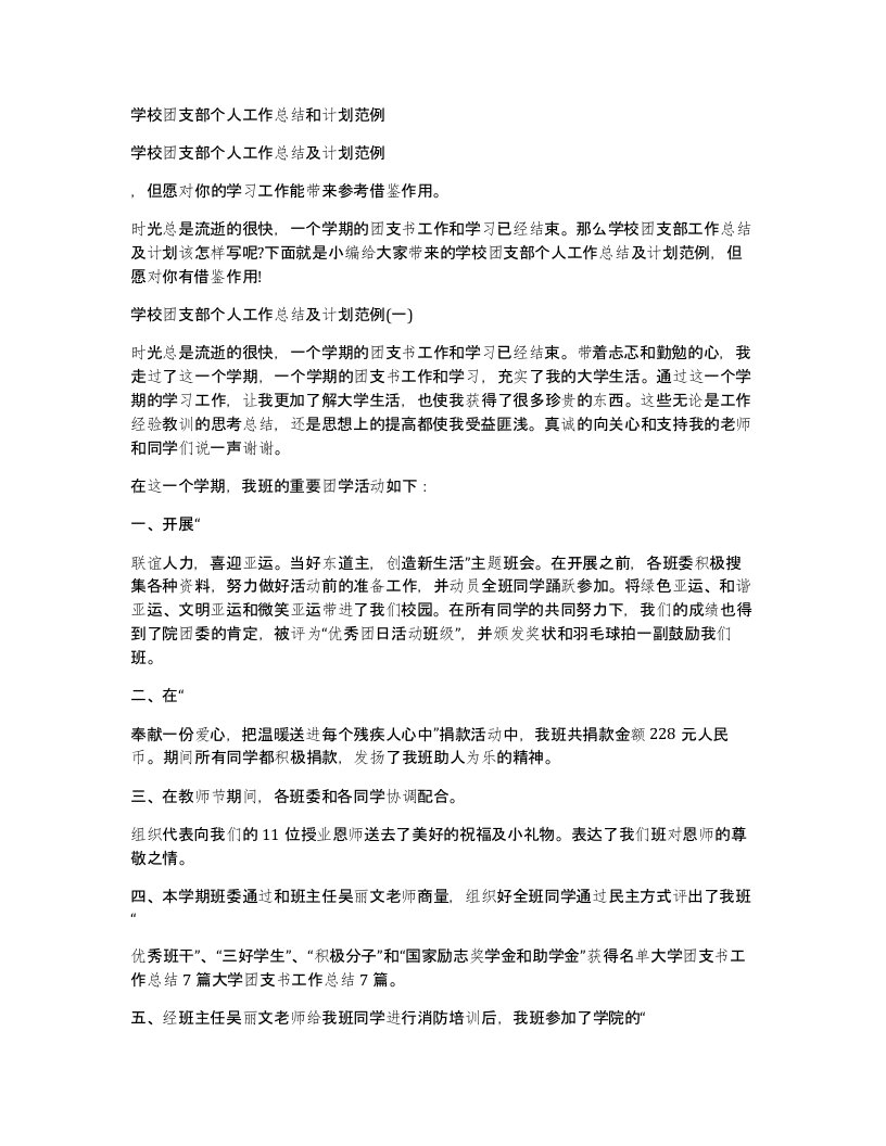 学校团支部个人工作总结和计划范例