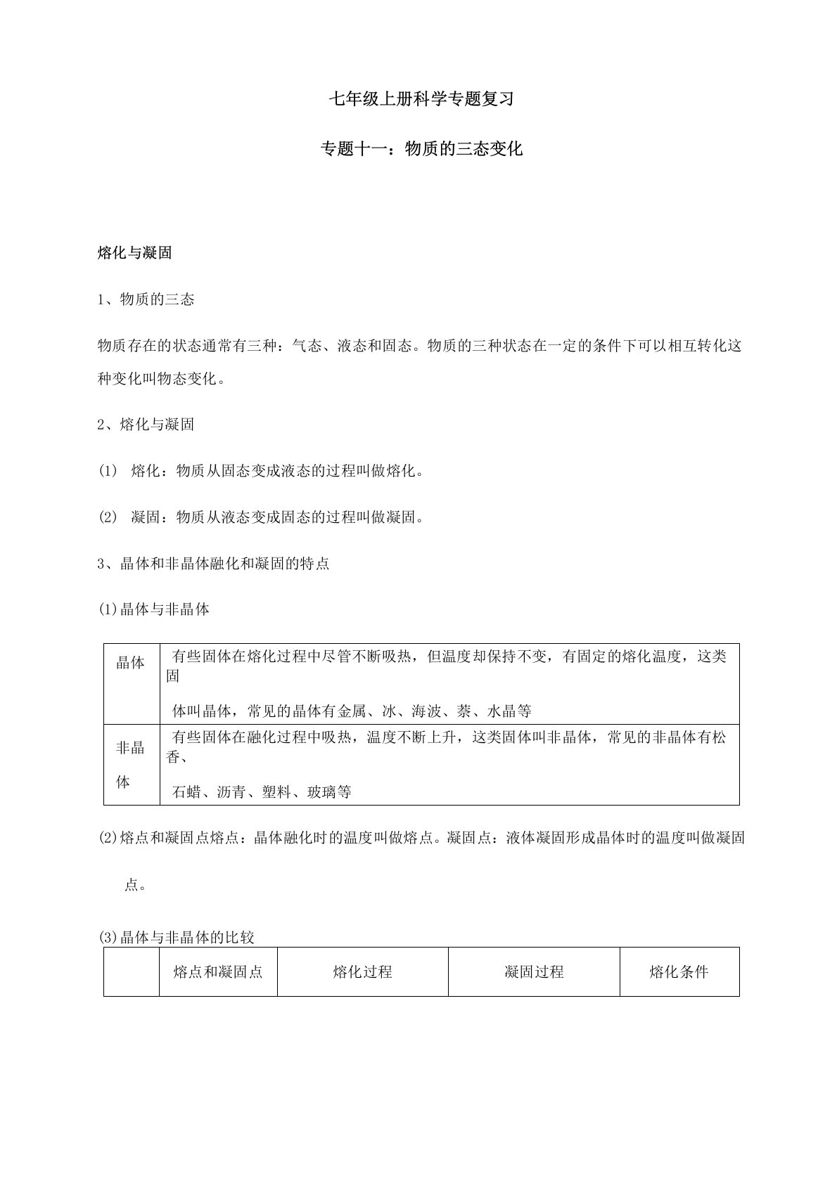 专题十一：物质的三态变化—浙教版七年级科学上学期期末备考专题复习讲义