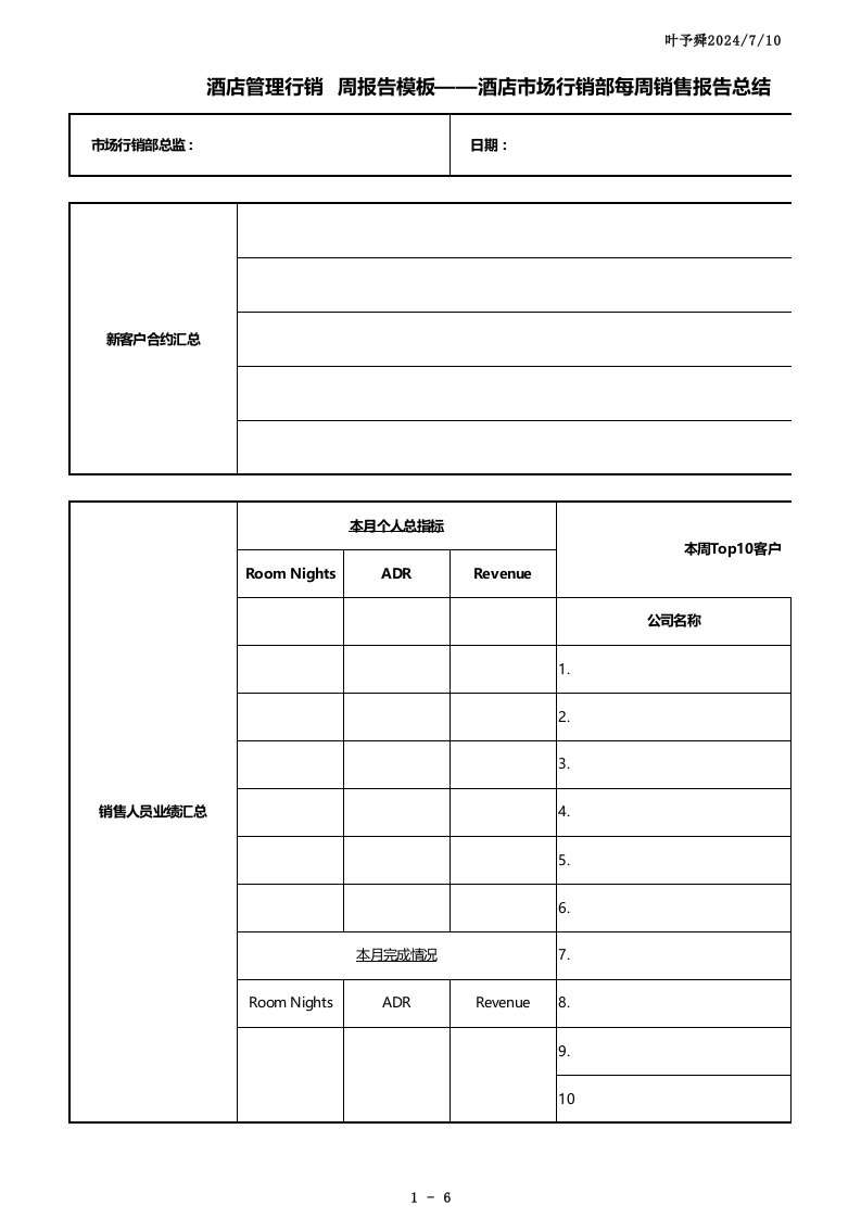 酒店管理行销周报告模板-酒店市场行销部每周销售报告总结