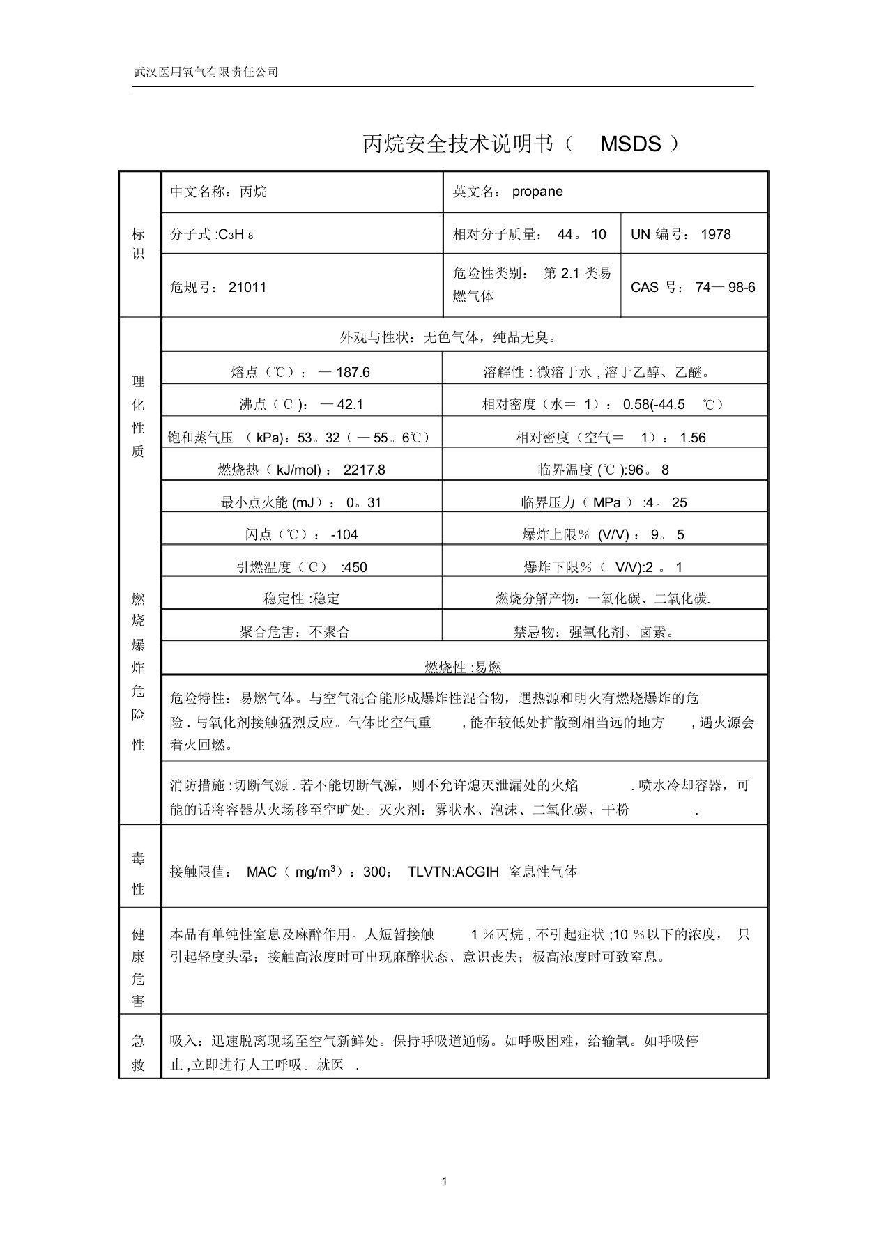 丙烷安全技术说明书(MSDS)