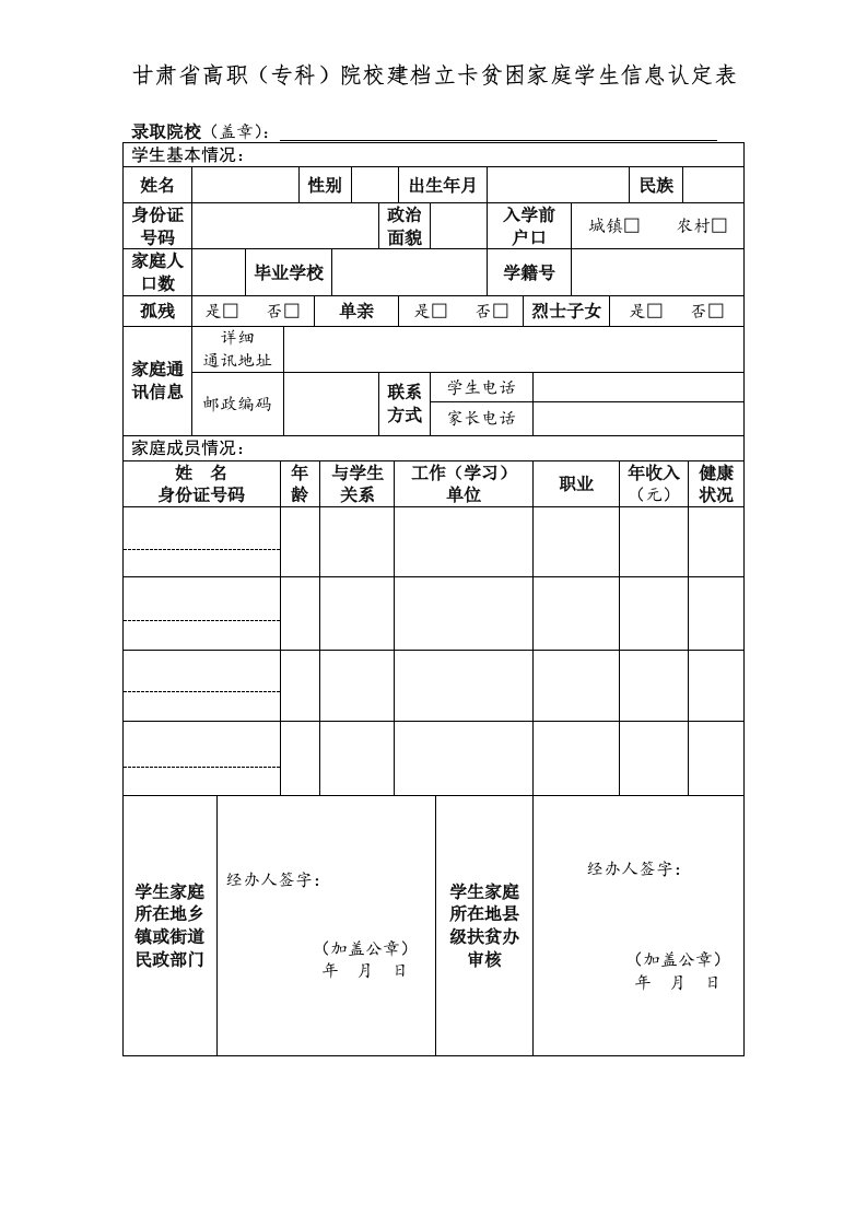 甘肃省高职（专科）院校建档立卡贫困家庭学生信息认定表