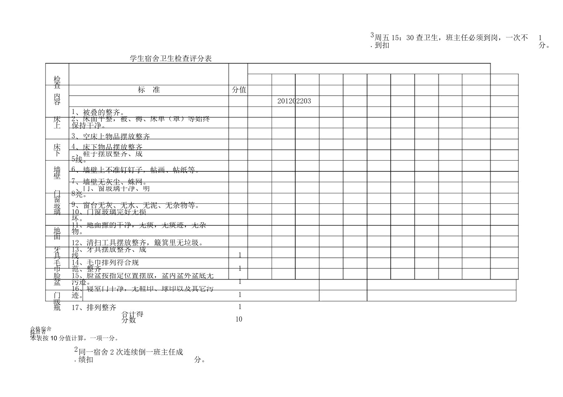 学生宿舍卫生检查评分表格