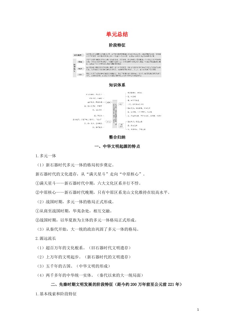 2022年新教材高中历史第一单元从中华文明起源到秦汉统一多民族封建国家的建立与巩固单元总结学案新人教版必修上册中外历史纲要