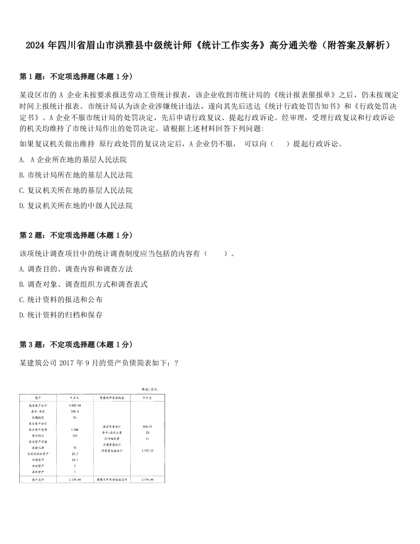 2024年四川省眉山市洪雅县中级统计师《统计工作实务》高分通关卷（附答案及解析）