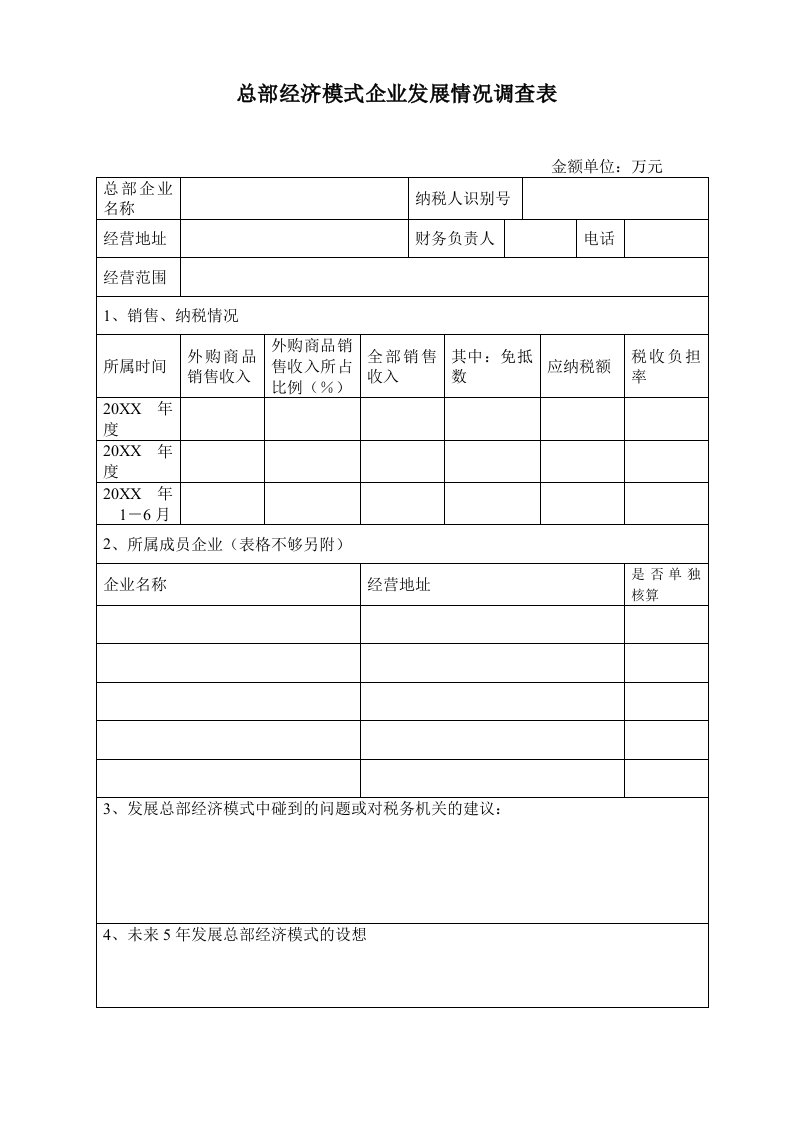 发展战略-总部经济模式企业发展情况调查表