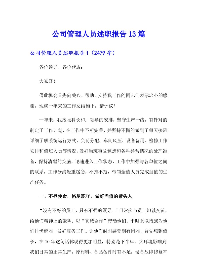 公司管理人员述职报告13篇