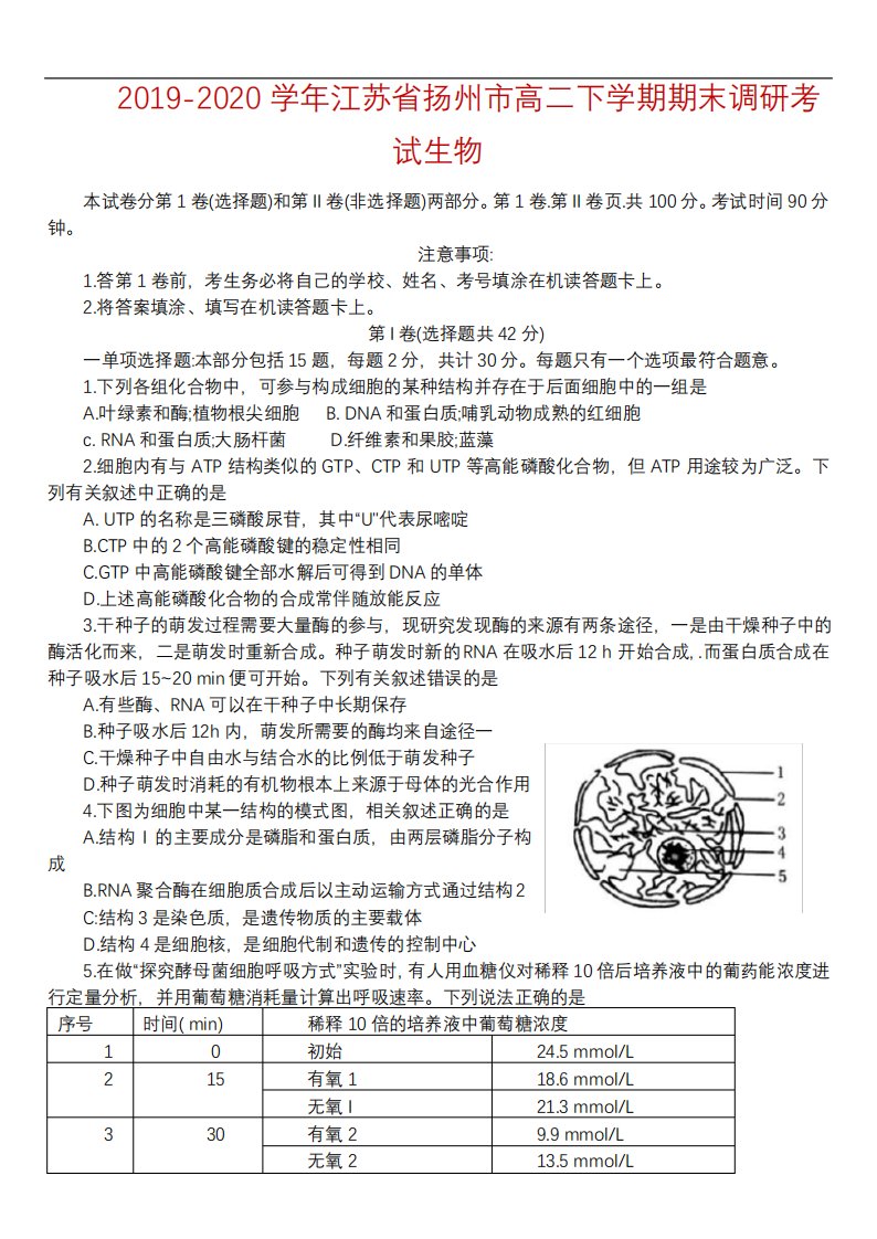 2019-2020学年江苏省扬州市高二下学期期末调研考试生物试题