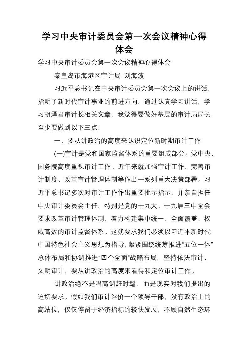 学习中央审计委员会第一次会议精神心得体会