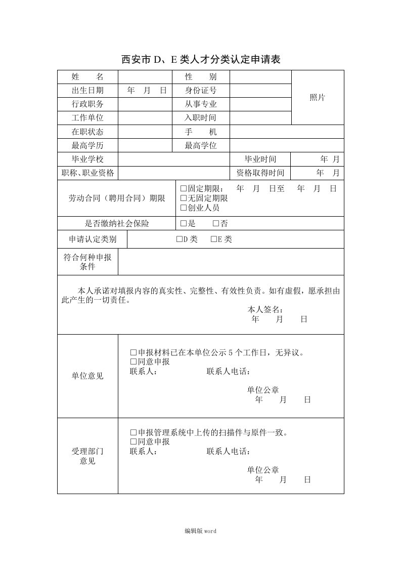 西安市d、e类人才分类认定申请表