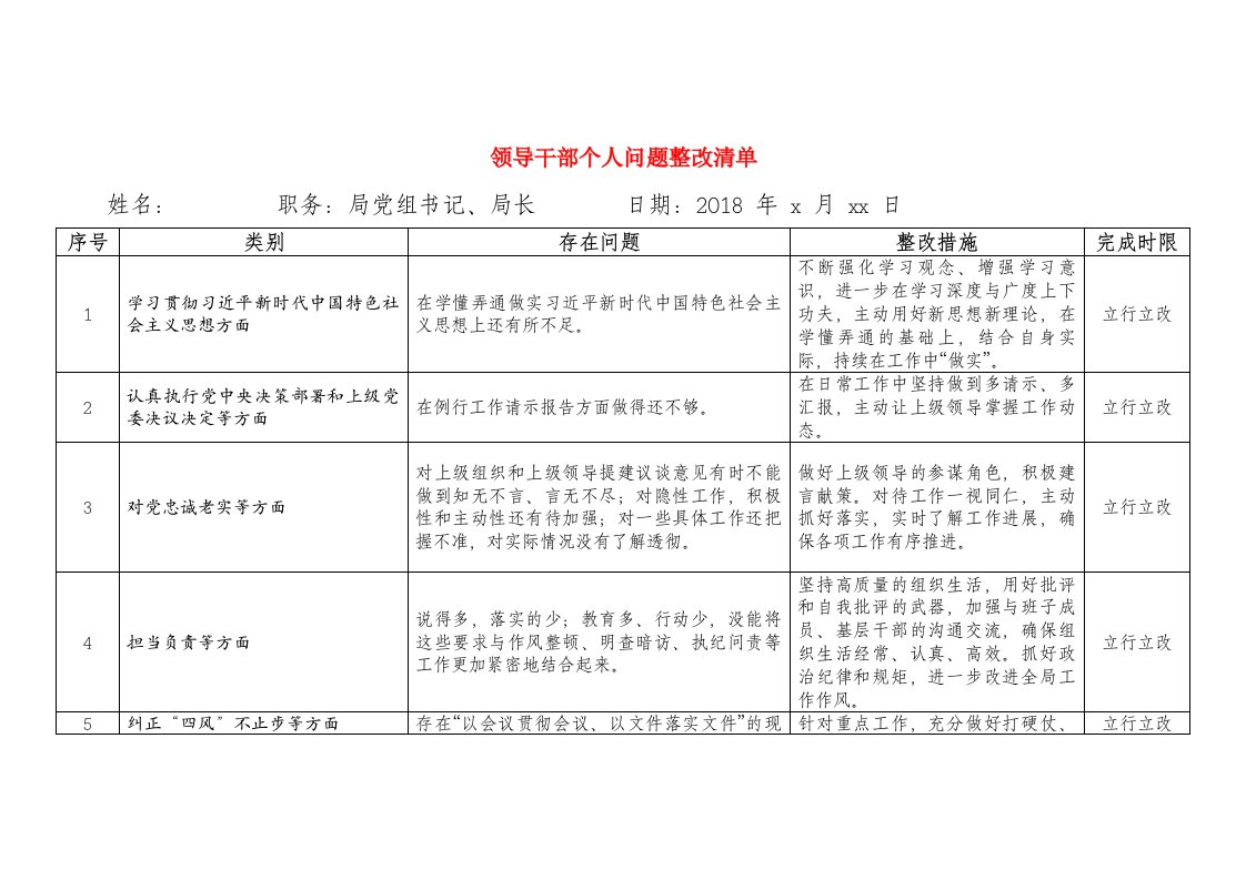 领导干部个人问题整改清单（民主生活会word表格版）与“七个不讲”民主生活会个人对照检查材料汇编