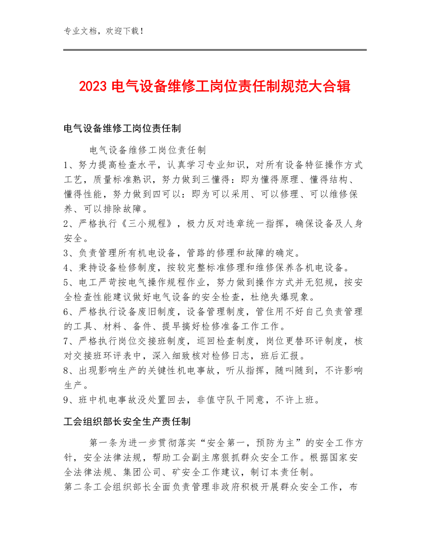 2023电气设备维修工岗位责任制规范大合辑