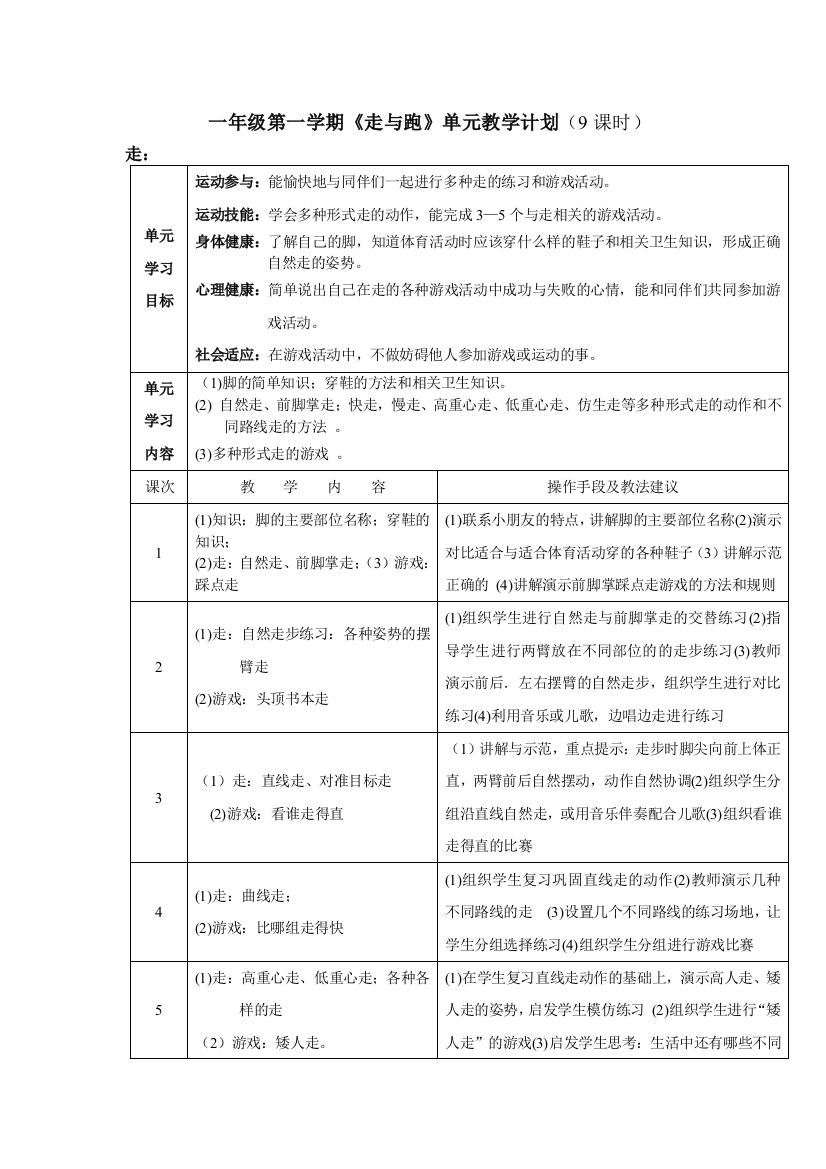 小学体育一年级第一学期《走与跑》单元教学计划