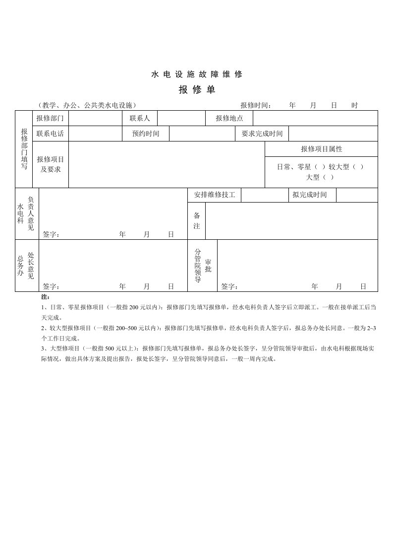 水电设施故障维修报修单