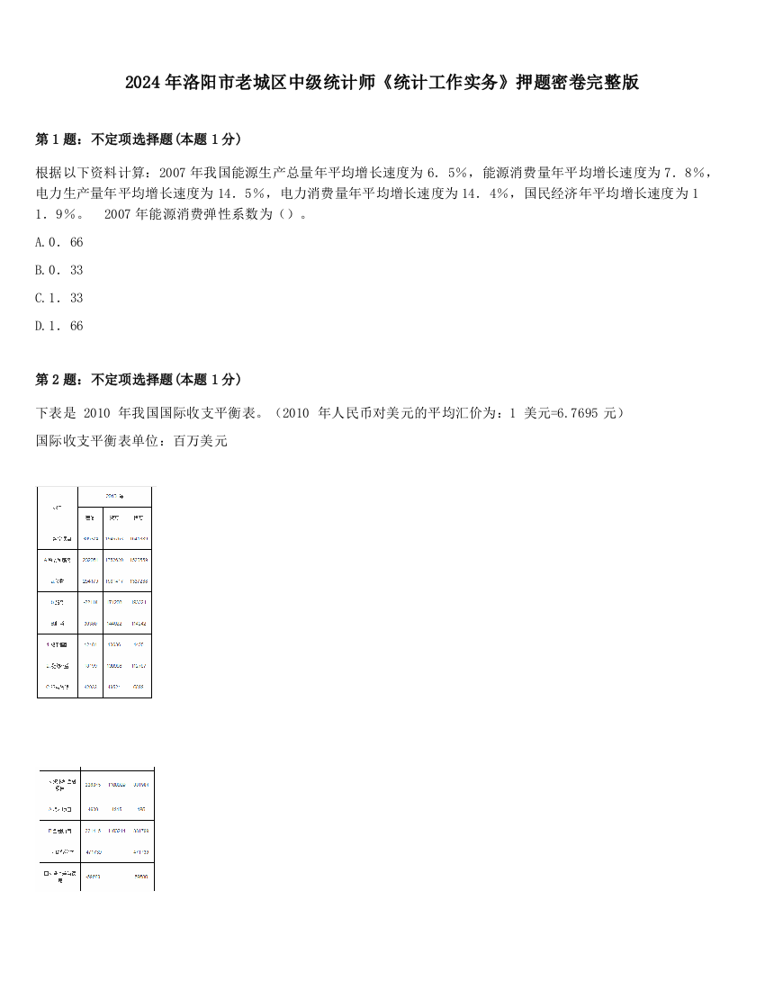 2024年洛阳市老城区中级统计师《统计工作实务》押题密卷完整版