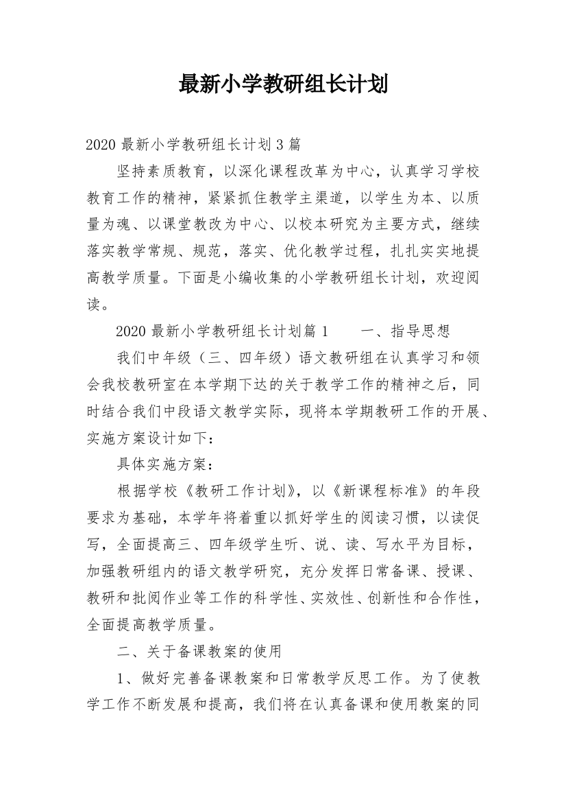 最新小学教研组长计划