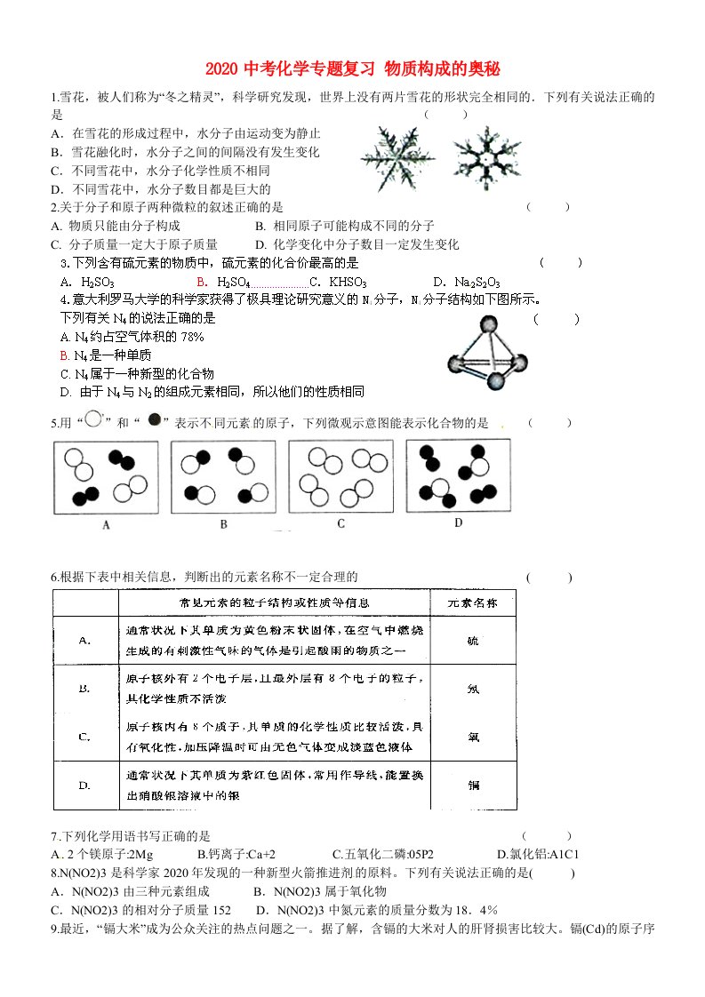 江苏省南京市溧水区第一初级中学2020中考化学专题复习物质构成的奥秘无答案