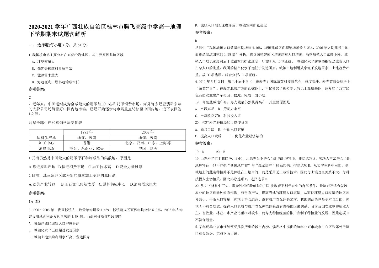 2020-2021学年广西壮族自治区桂林市腾飞高级中学高一地理下学期期末试题含解析