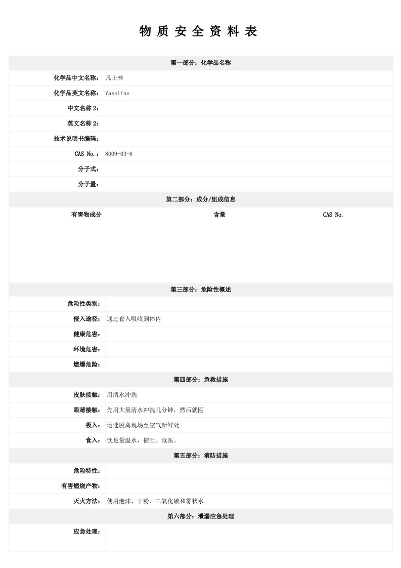 《凡士林安全技术说明书-msds》