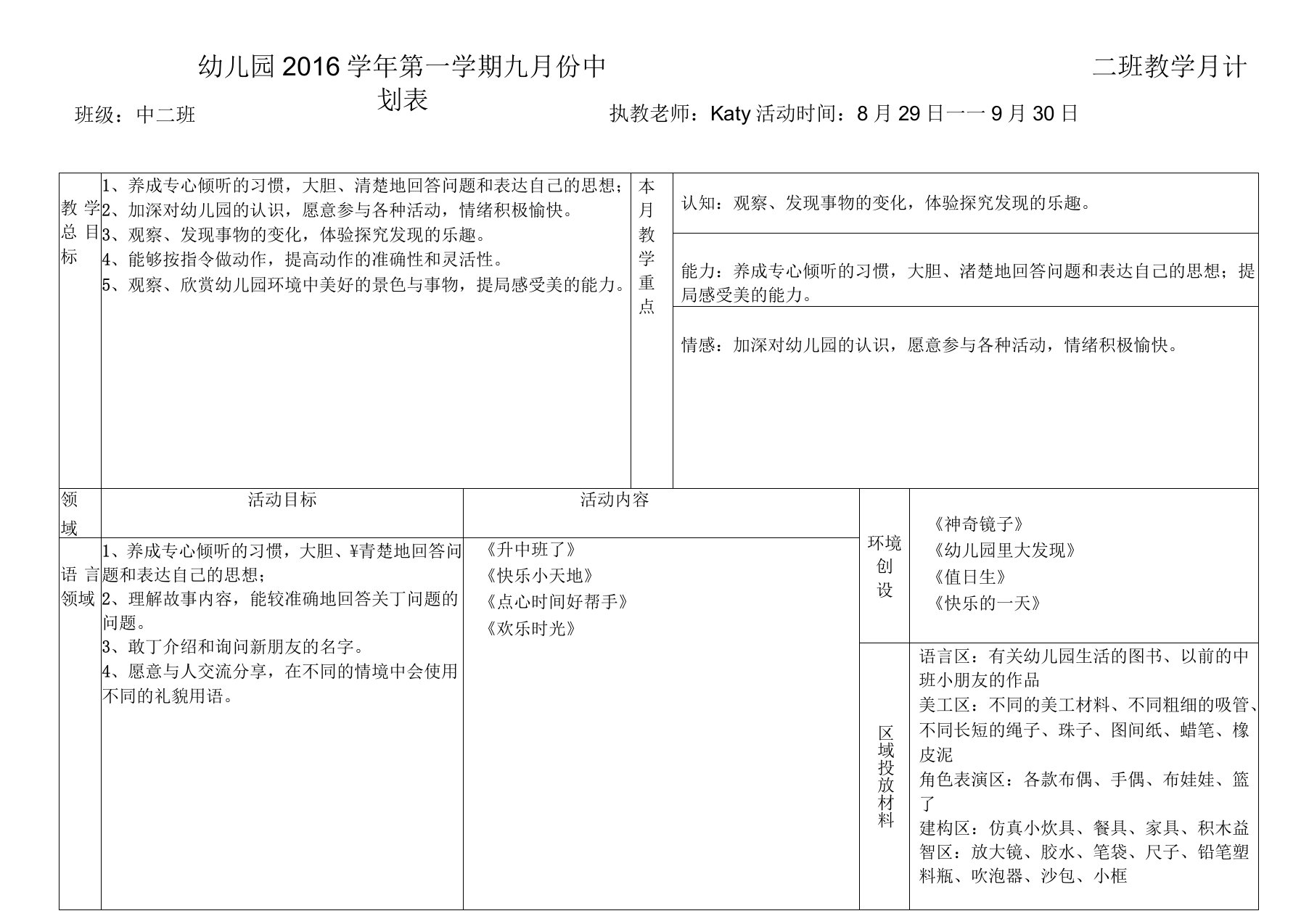 幼儿园教学月计划表