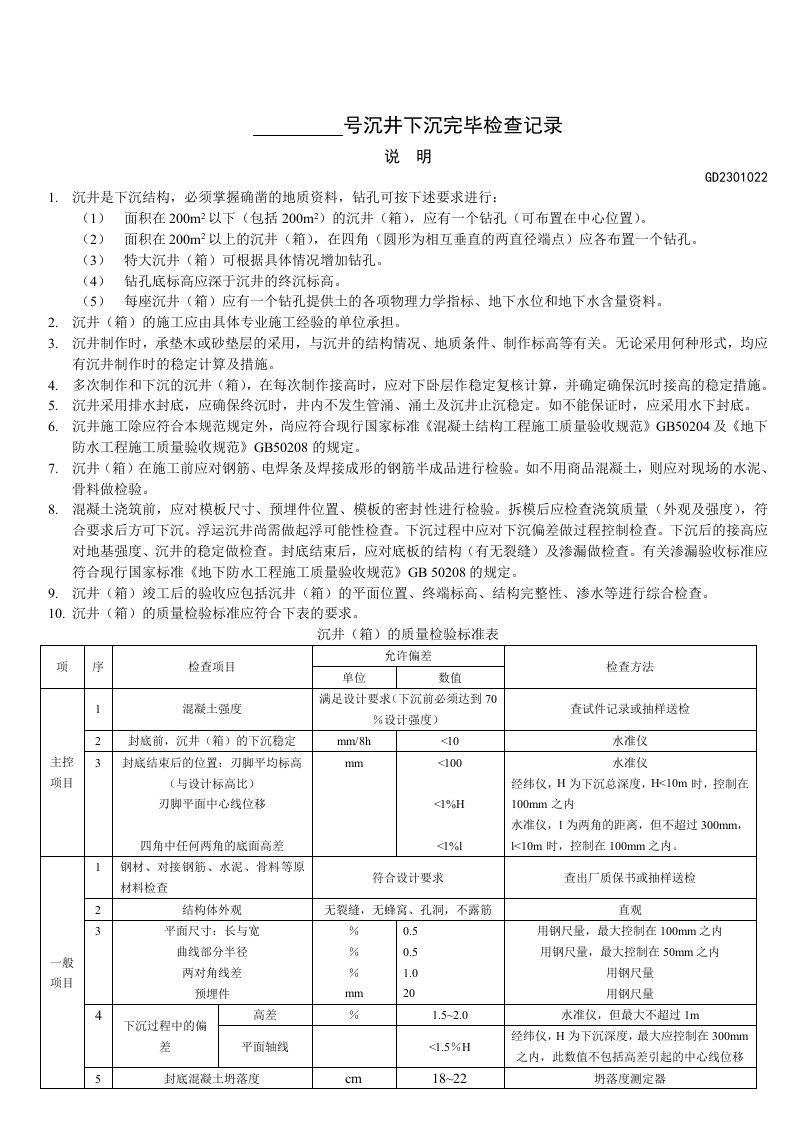 GD2301022-号沉井下沉完毕检查记录