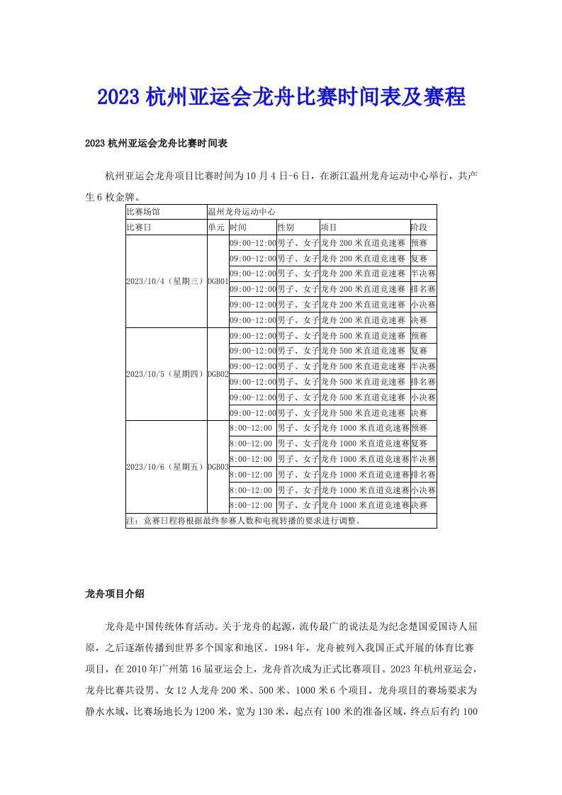 2023杭州亚运会龙舟比赛时间表及赛程