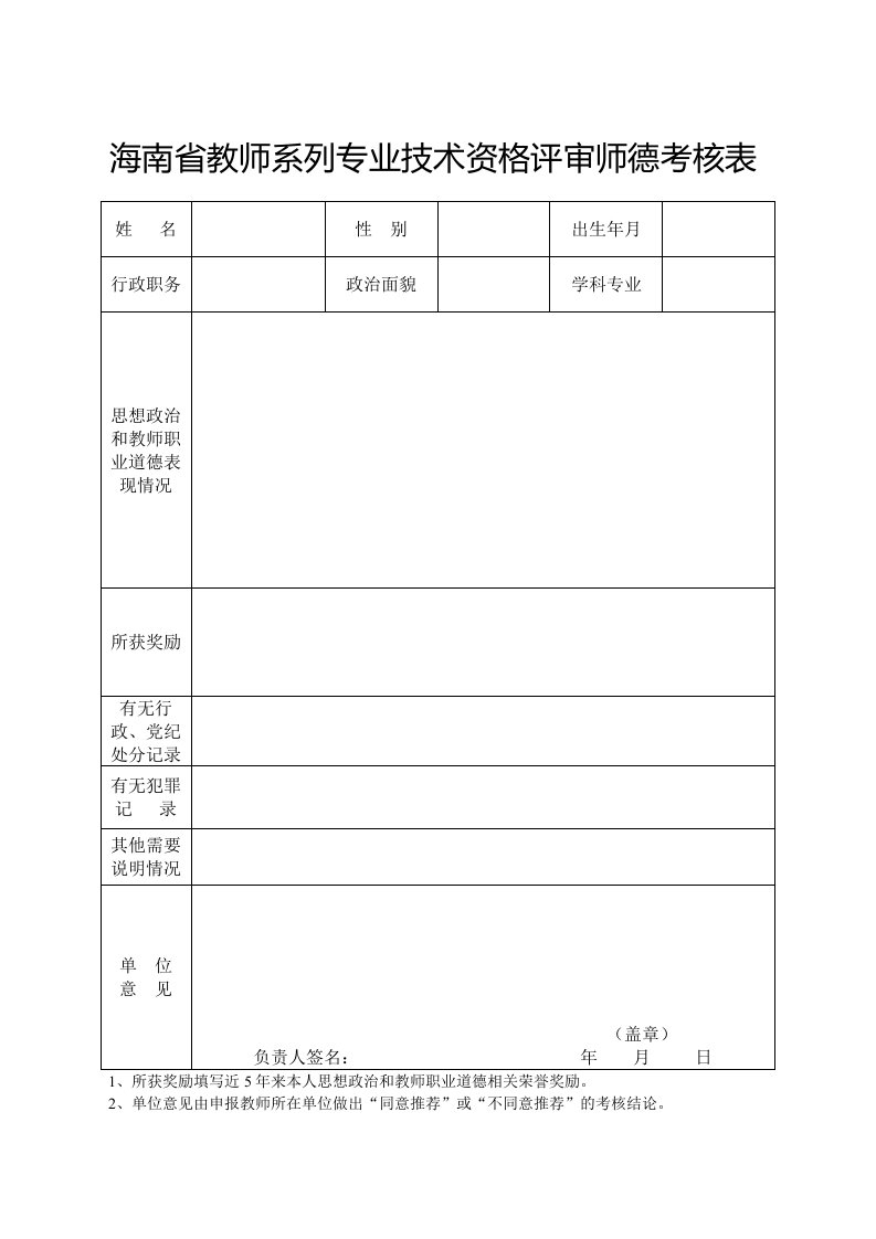 海南教师系列专业技术资格评审师德考核表