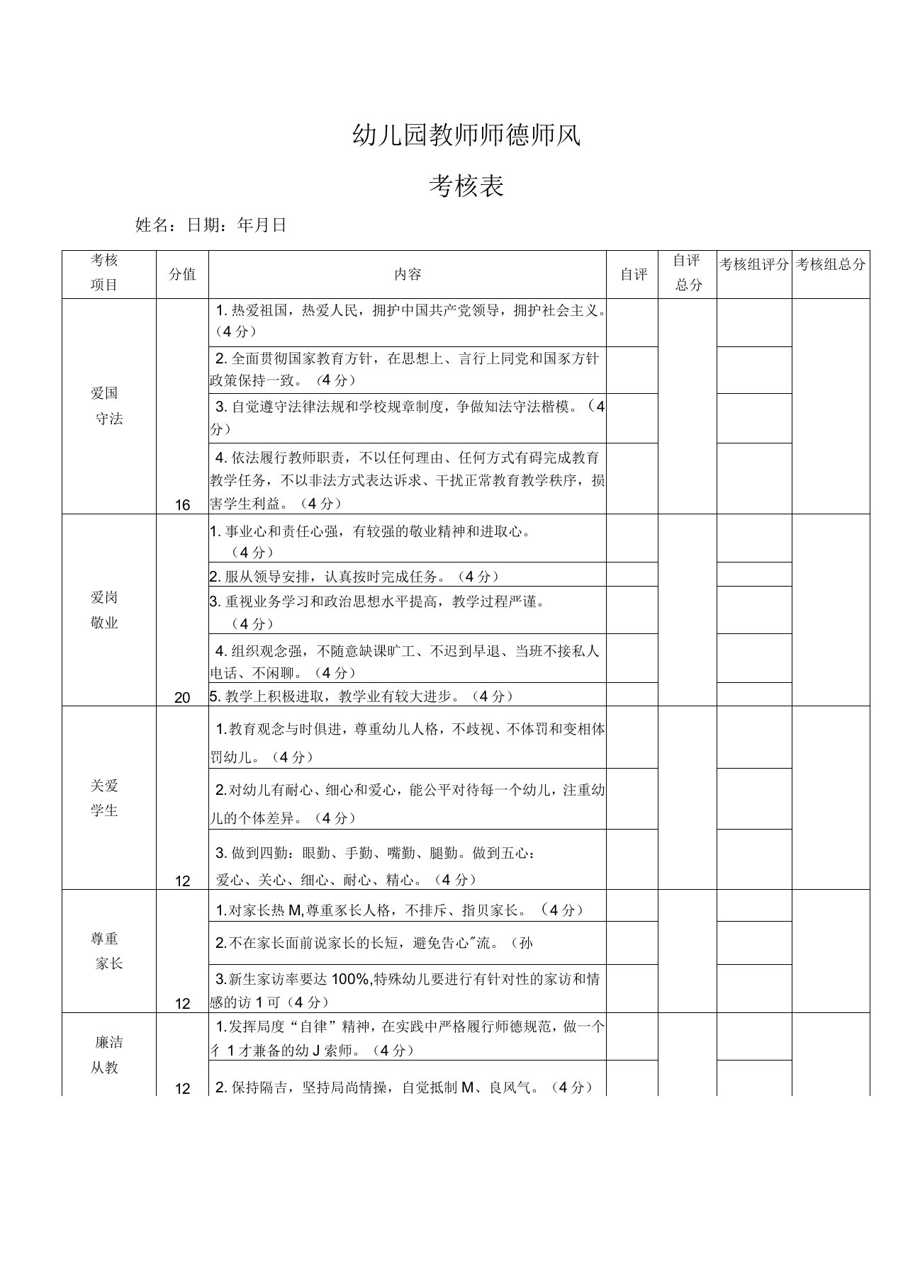 幼儿园教师师德师风考核表