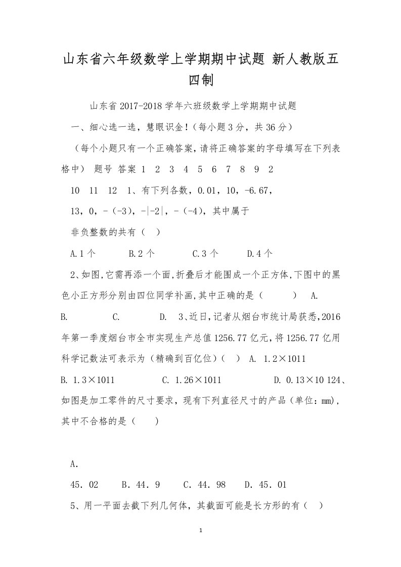 山东省六年级数学上学期期中试题