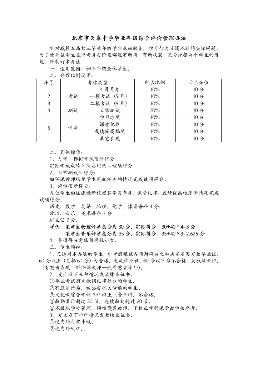 北京市天泰中学毕业年级综合评价管理办法