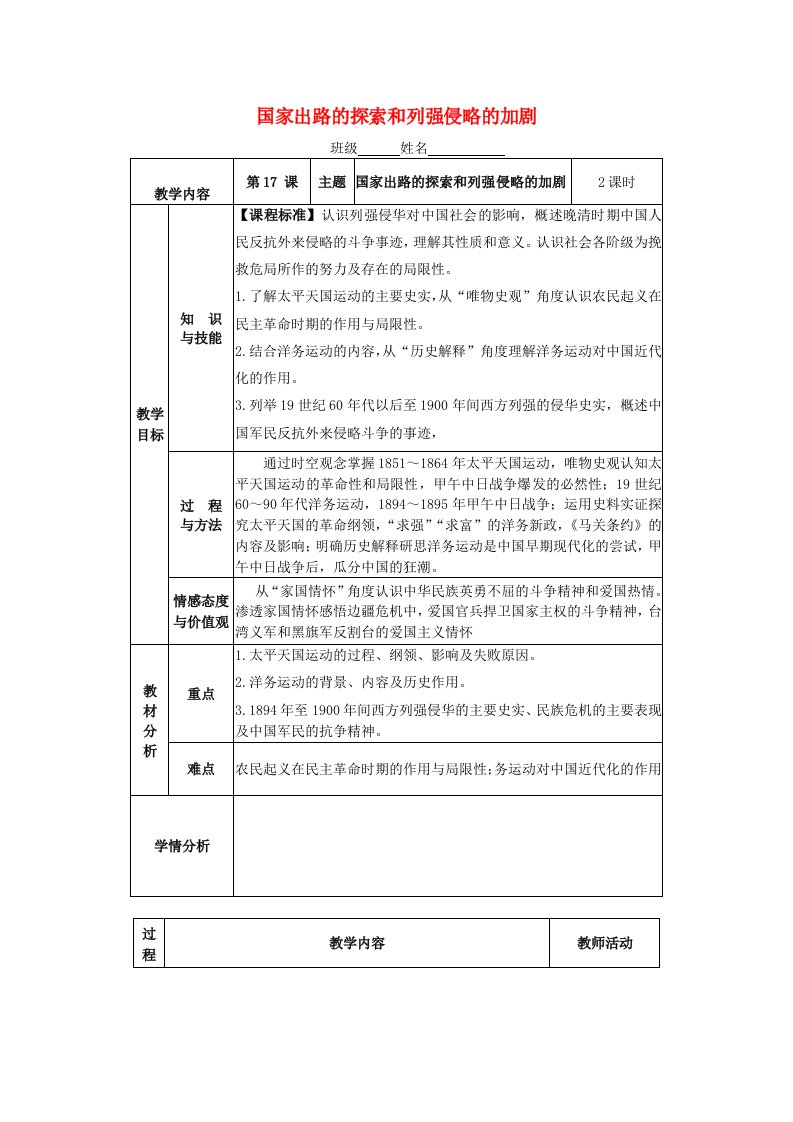 2020_2021学年新教材高中历史第五单元晚清时期的内忧外患与救亡图存第17课国家出路的探索与列强侵略的加剧教案3新人教版必修中外历史纲要上