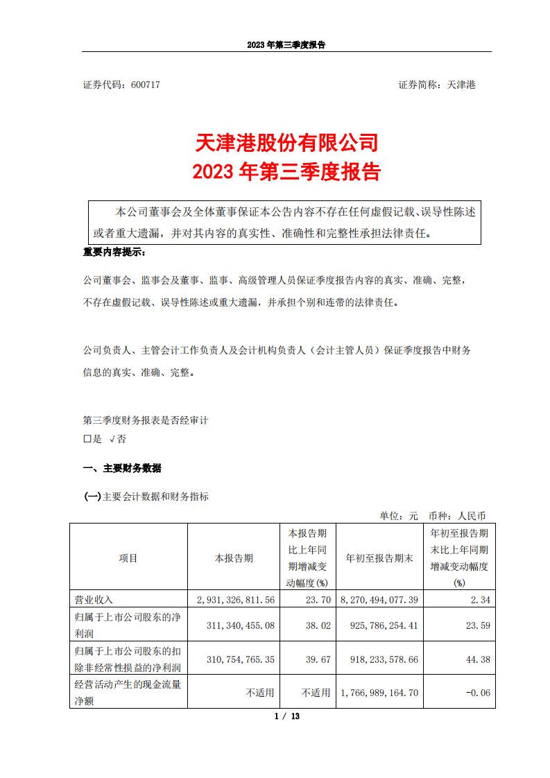 上交所-天津港股份有限公司2023年第三季度报告-20231026