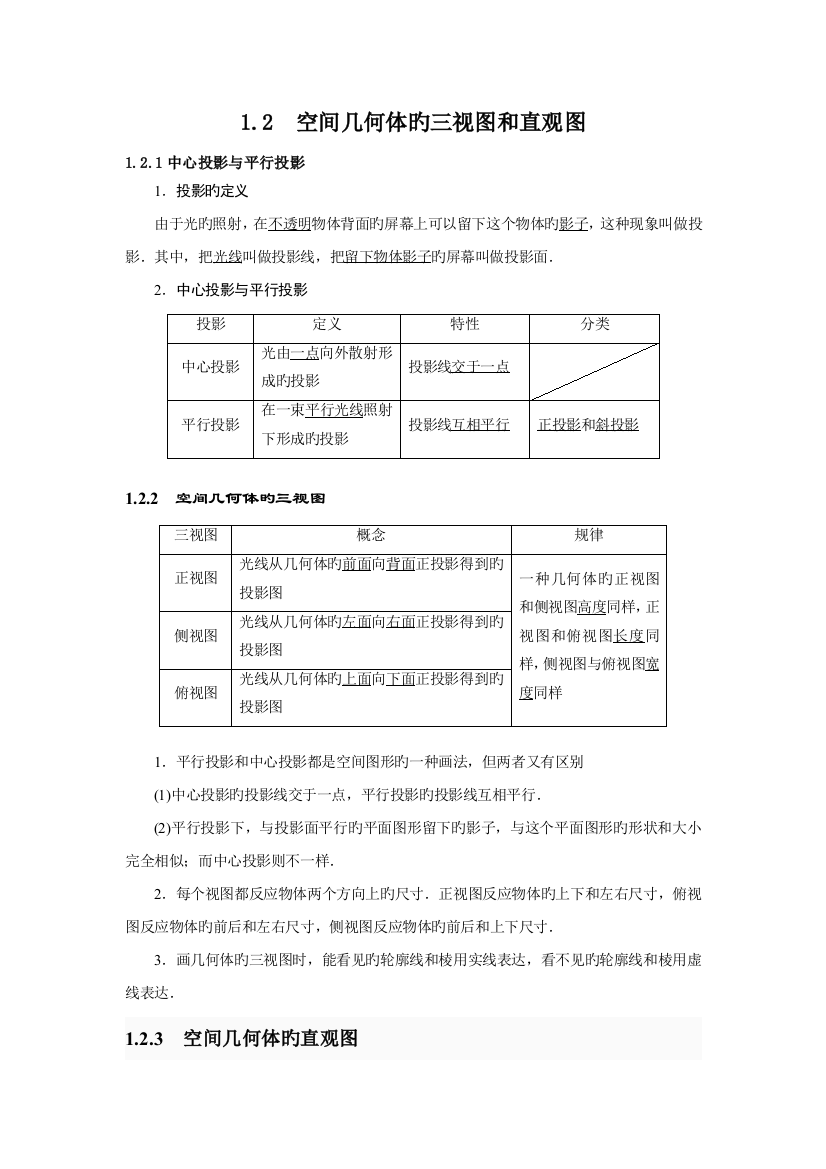 2023年数学必修二知识点练习空间几何体的三视图和直观图教师