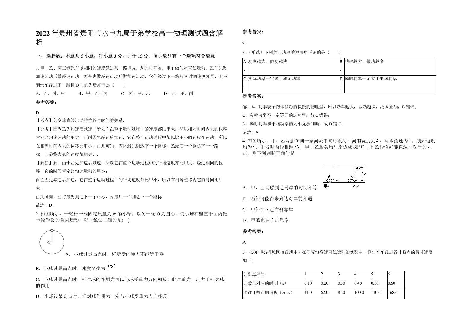 2022年贵州省贵阳市水电九局子弟学校高一物理测试题含解析