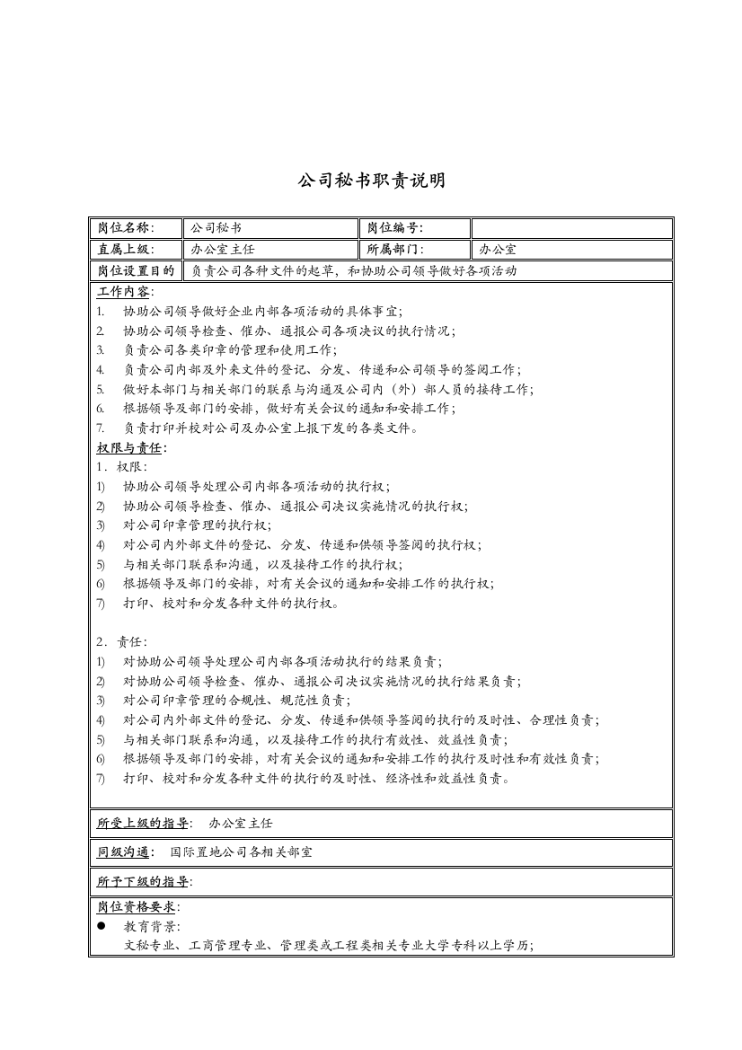 新疆国际置地公司公司秘书职责说明书