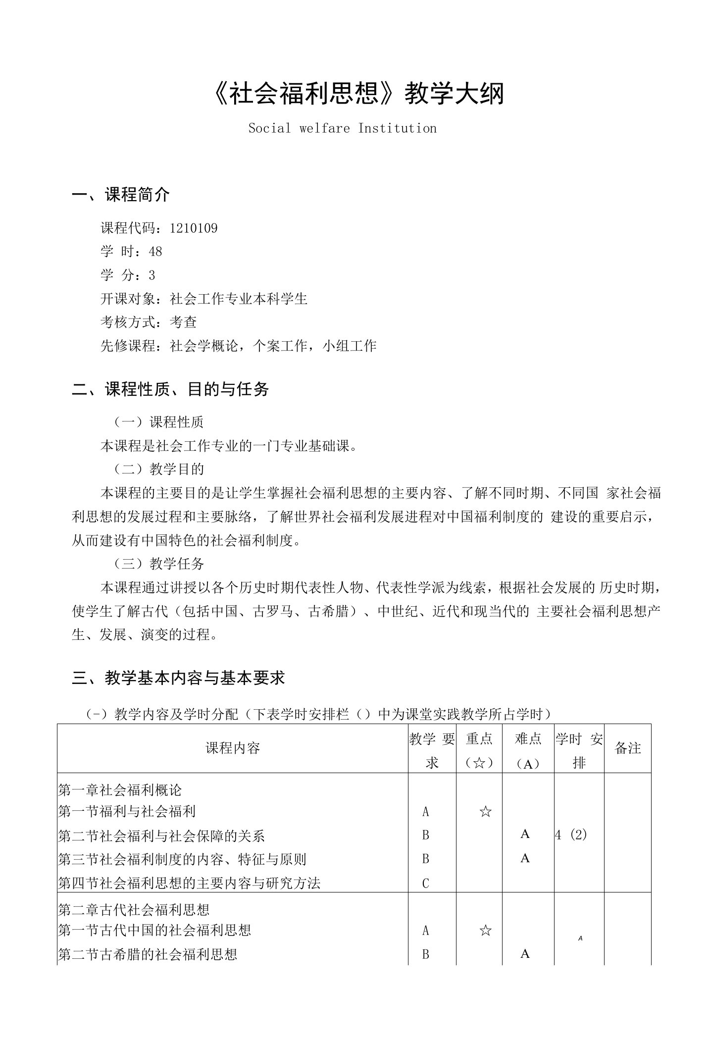 《社会福利思想》课程教学大纲