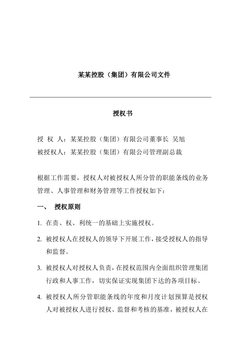 精选某控股有限公司副总裁授权书